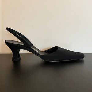 Anne Klein Black Matte Satin Square-Toe Slingback Heels, Size 8.5